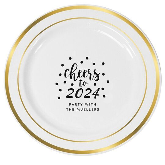 Confetti Dots Cheers to the New Year Premium Banded Plastic Plates